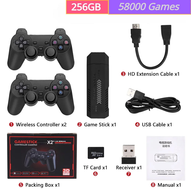 "256GB 58.000 Games GD10 Plus Game Stick – 4K HD Video Game Console with 2.4G Double Wireless Controllers, Compatible with N64/PSP/PS1/GBA"