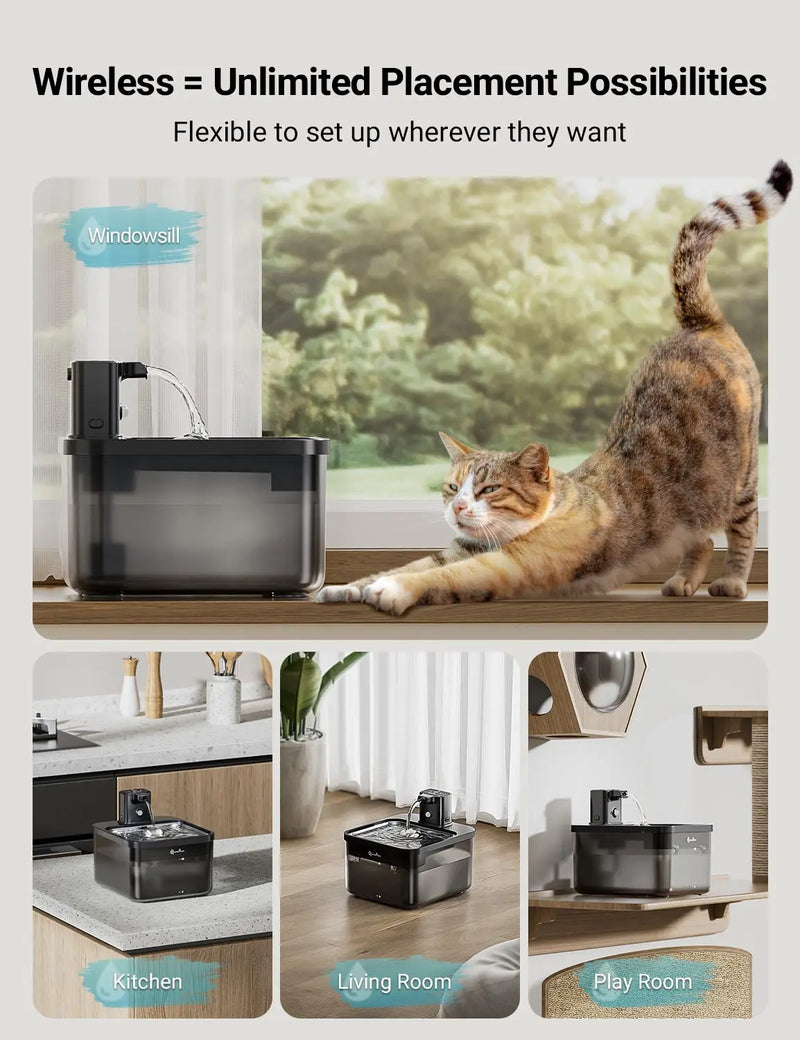 DownyPaws 2.5L Automatic Stainless Steel Pet - Cat Water Fountain – 4000mAh Wireless Pet Drinker with Battery & Sensor, 2-in-1 Dispenser