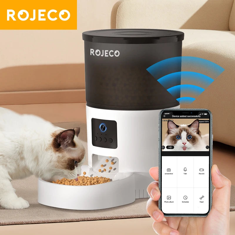 Pet - ROJECO Smart Automatic Cat Feeder with Camera – Video & Voice Recording, Remote Control, Pet Food Dispenser for Cats & Dogs