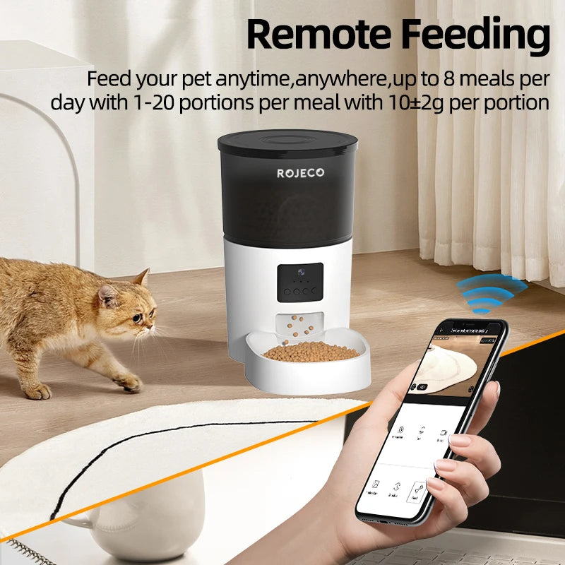 Pet - ROJECO Smart Automatic Cat Feeder with Camera – Video & Voice Recording, Remote Control, Pet Food Dispenser for Cats & Dogs